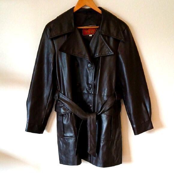 Vintage 70s The Traveler Belted Faux Leather Vegan Dark Brown Jacket - Picture 1 of 9